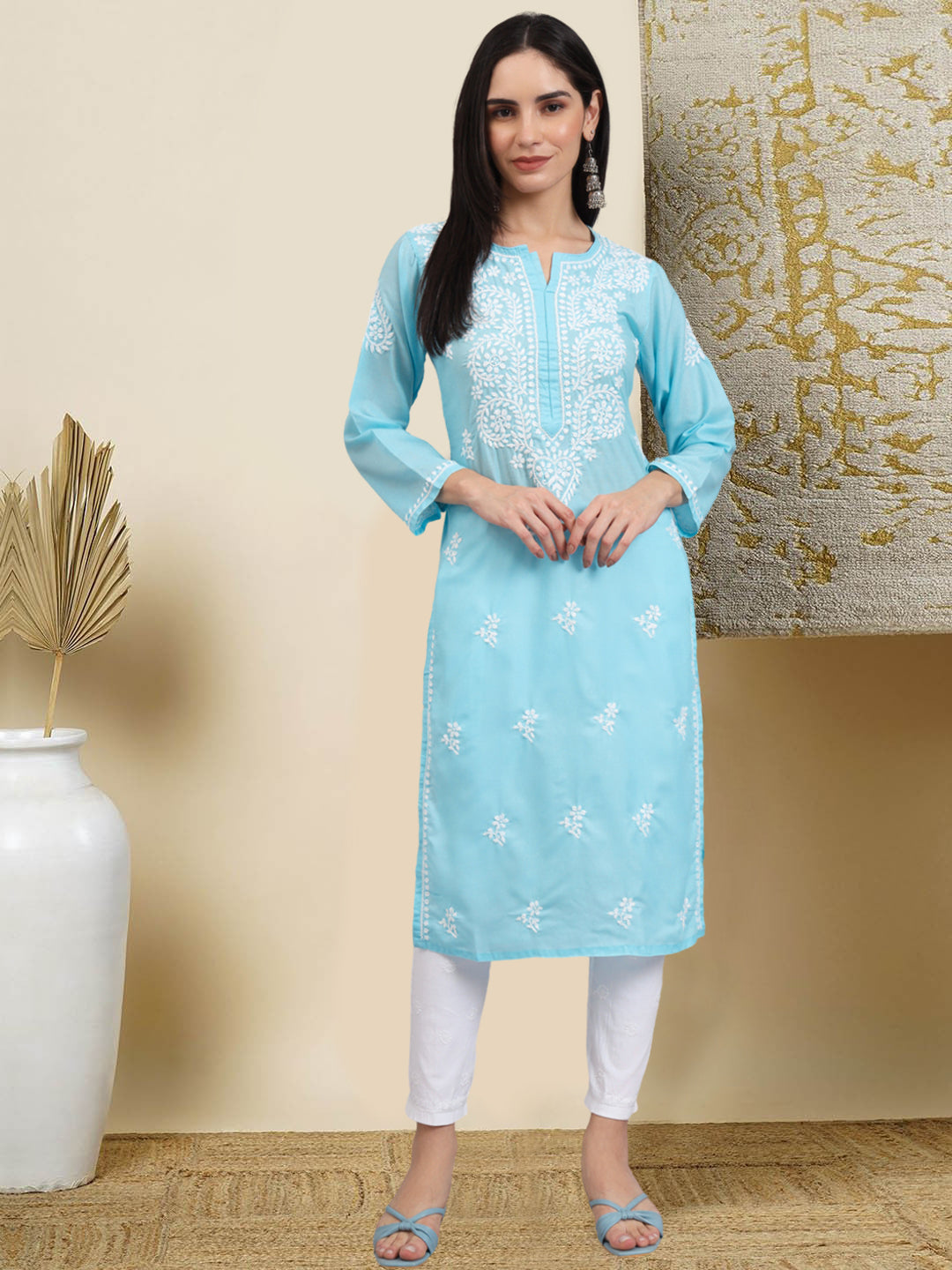 Hand Embroidered Chikankari Cotton Straight Kurta-AL3997 Sky Blue