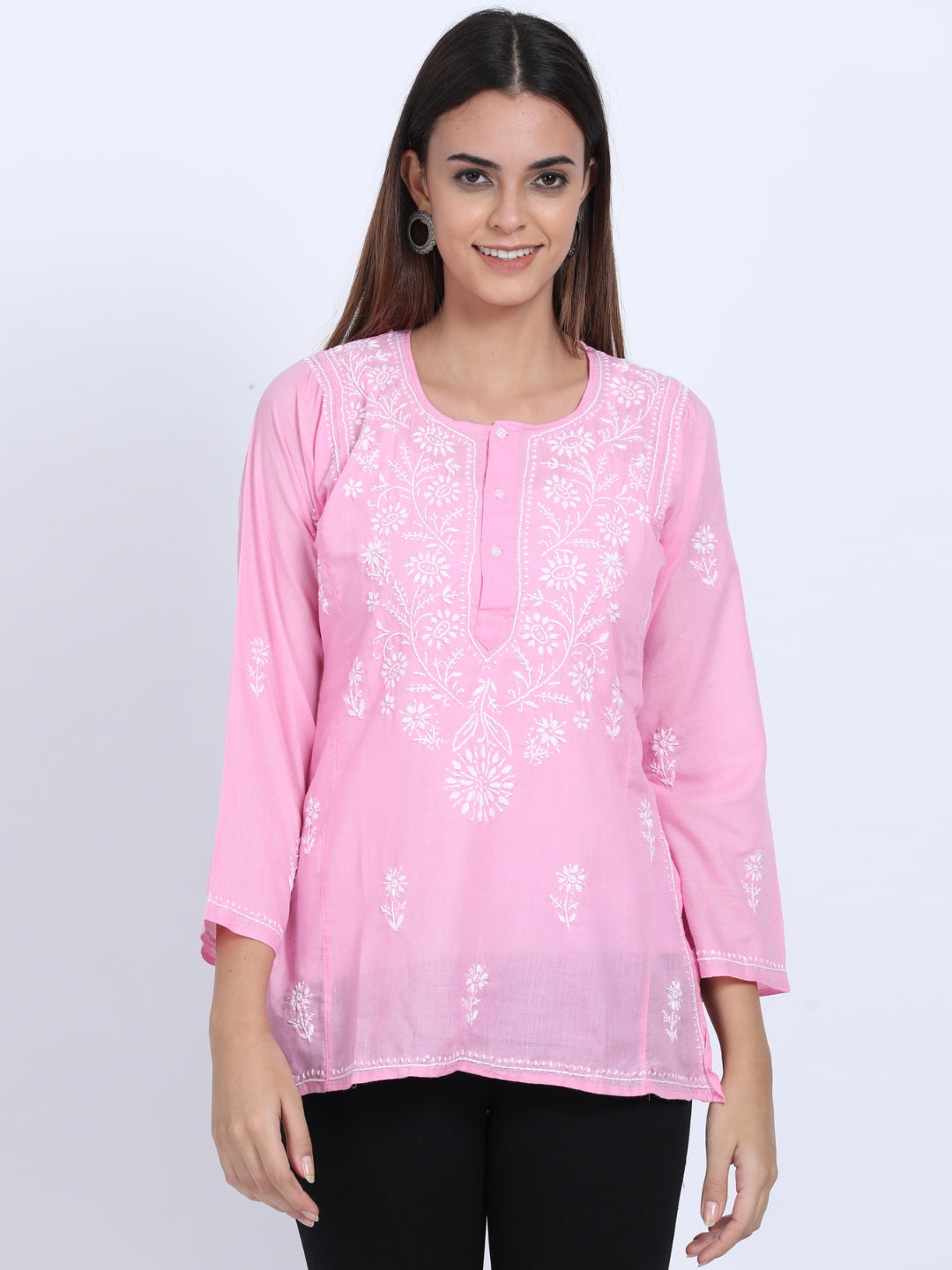 Women Hand Embroidered Chikankari Cotton Kurti-ALSTV115 Pink
