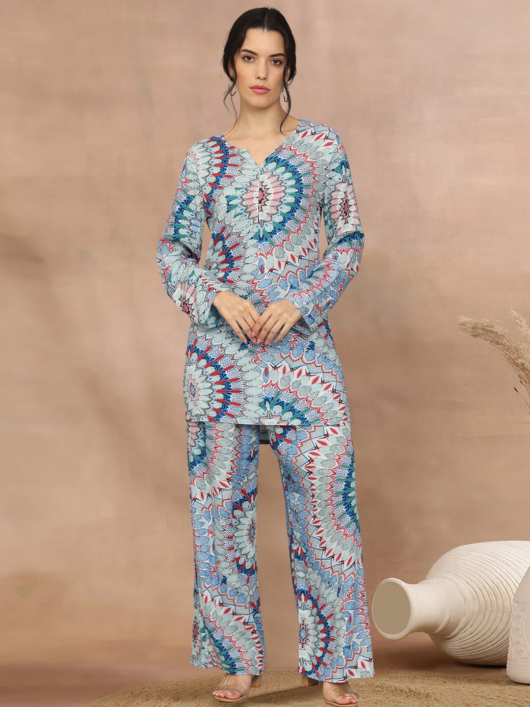Printed Rayon Co-Ord Set for Women-AL4000 Blue
