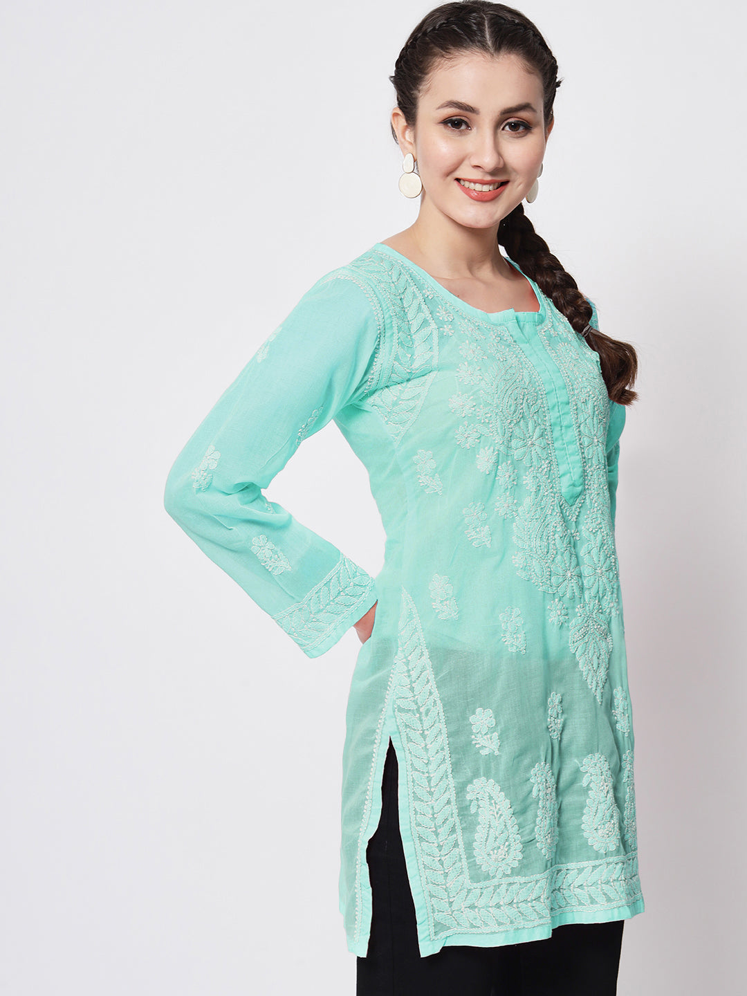 Hand Embroidered Chikankari Cotton Straight Kurti-AL3595 Darkseagreen