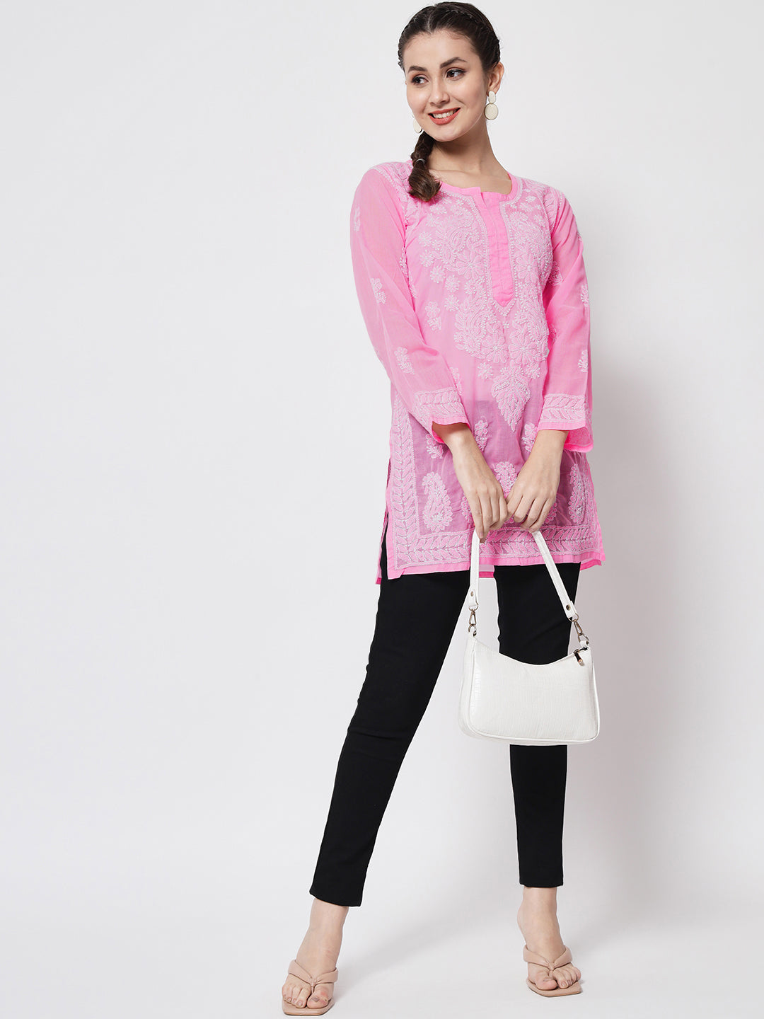 Hand Embroidered Chikankari Cotton Straight Kurti-AL3595 Darkpink