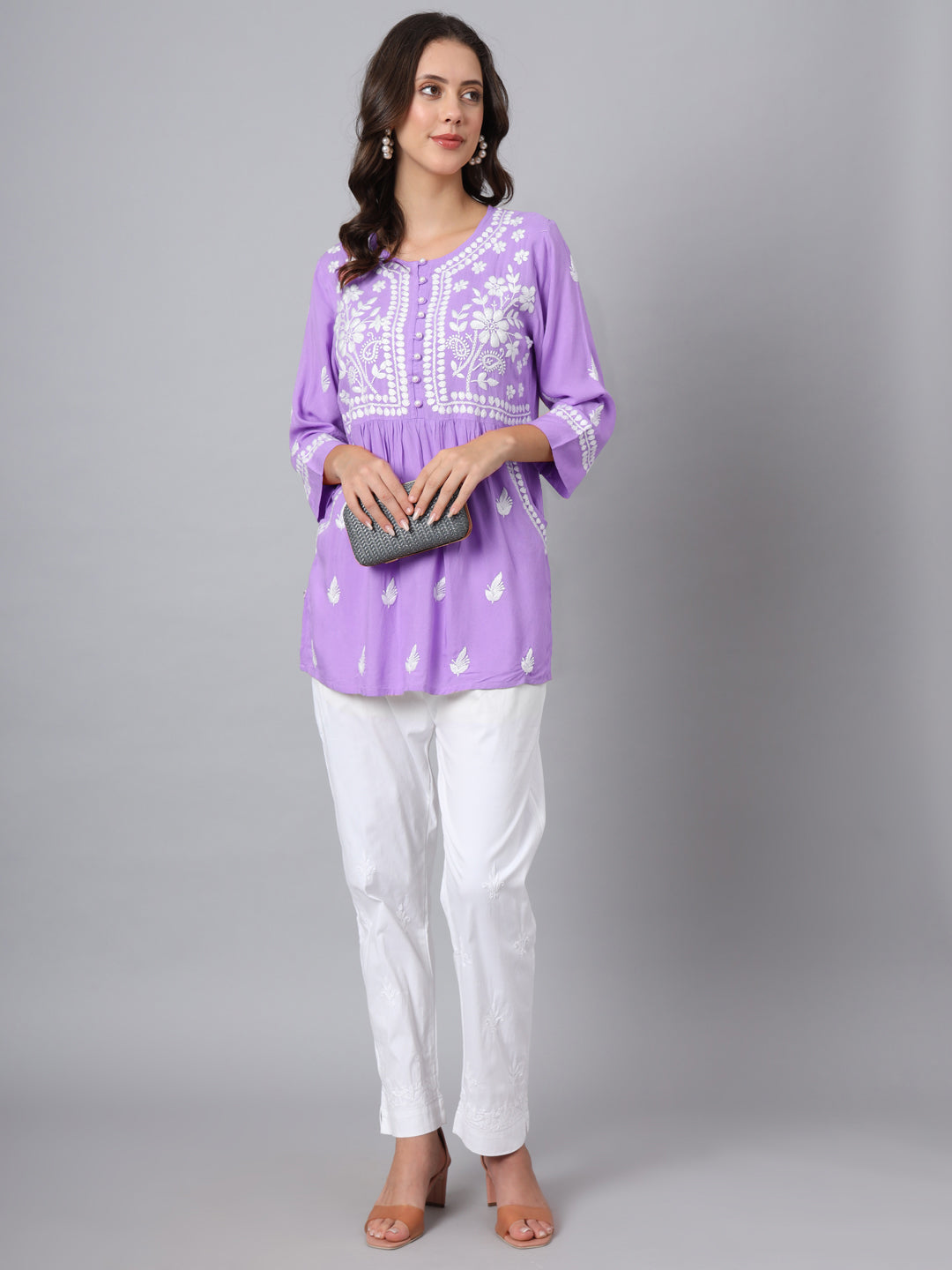 Women Hand Embroidered Chikankari Rayon Short Kurti-AL3696 Mauve