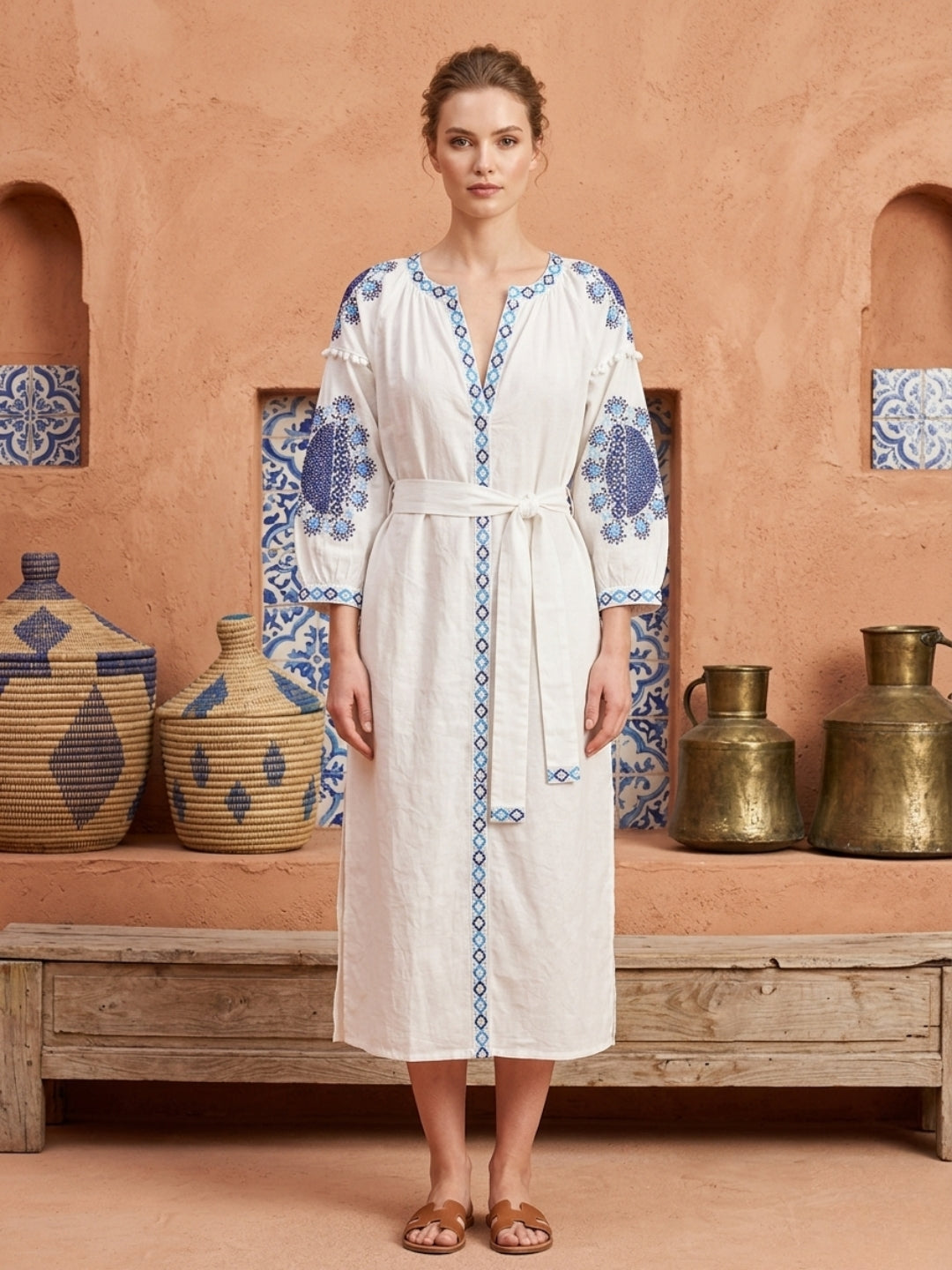 Women Embroidered With Belt Cotton Rayon Dress -AL3722