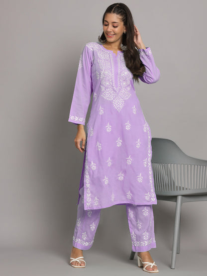 Women Hand Embroidered Chikankari Cotton Kurta Set-AL3674KS Lavender