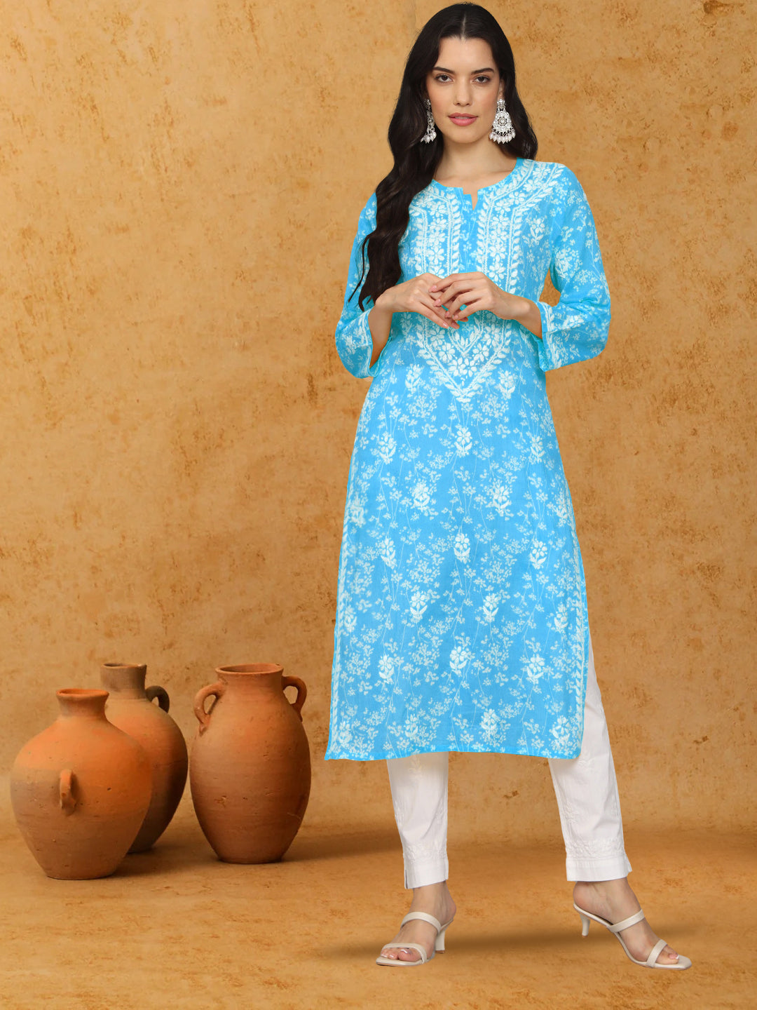 Women Hand Embroidered Chikankari Mulmul Cotton Printed Kurta-AL4041 Blue