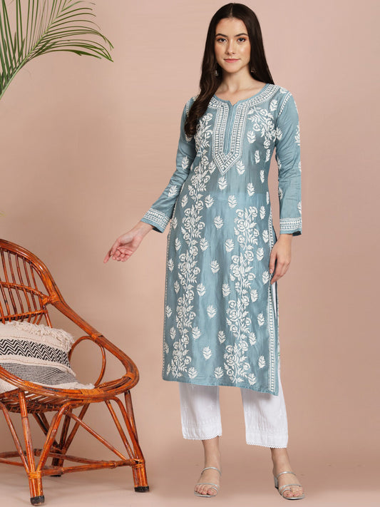 Women Floral Embroidered Chikankari Cotton kurta-AL3670