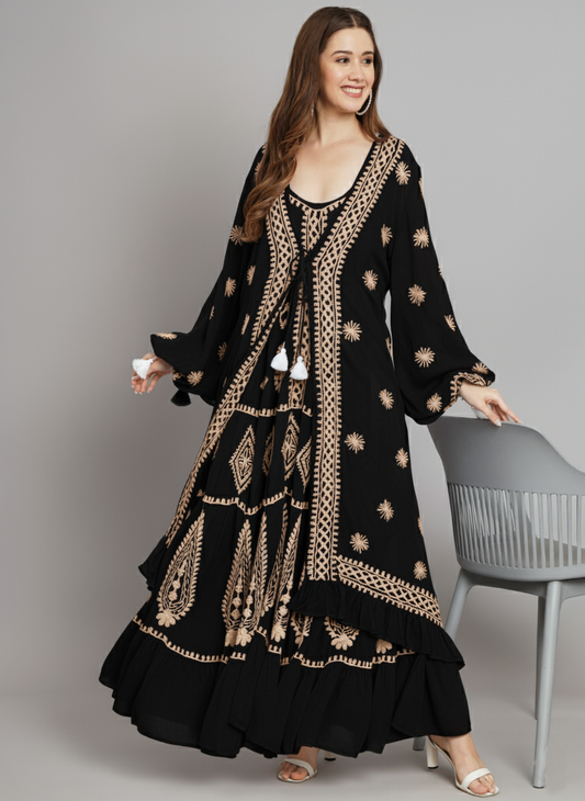 Hand Embroidered Chikankari Modal Kaftan-AL3605A Black&Beige