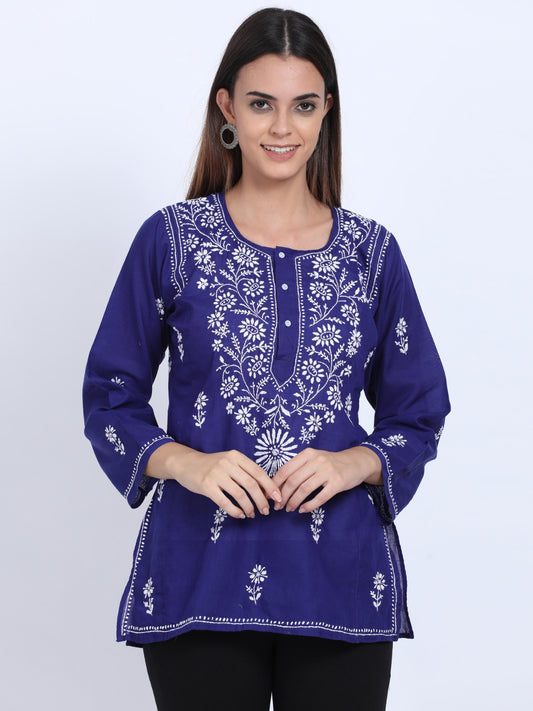 Women Hand Embroidered Chikankari Cotton Kurti-ALSTV115 Darkblue