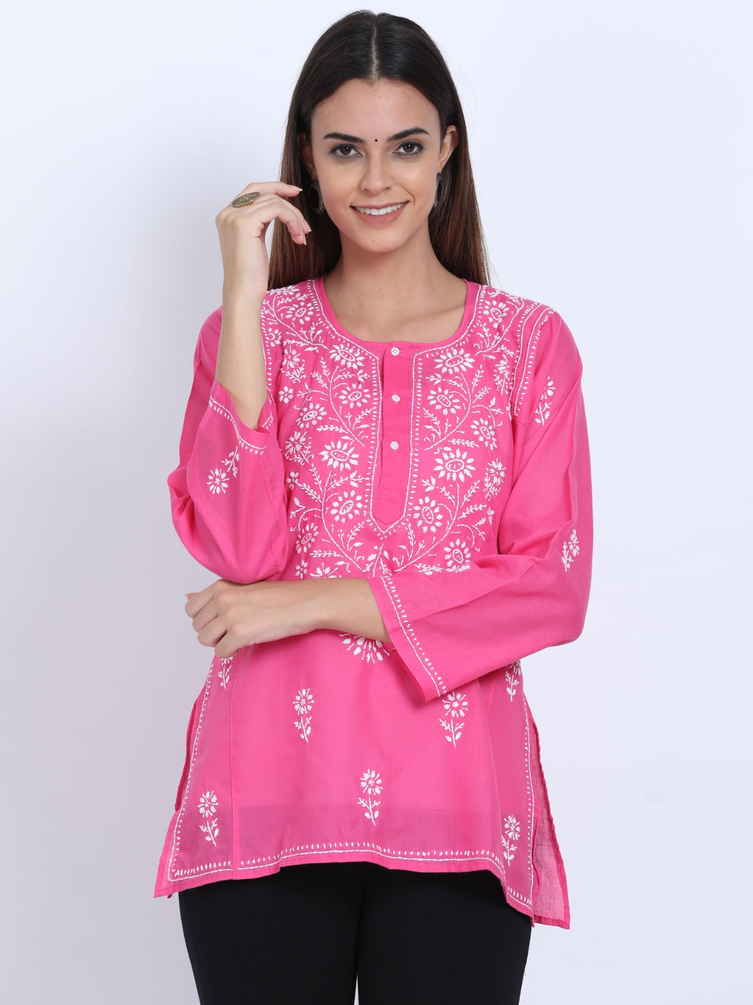 Women Hand Embroidered Chikankari Cotton Kurti-ALSTV115