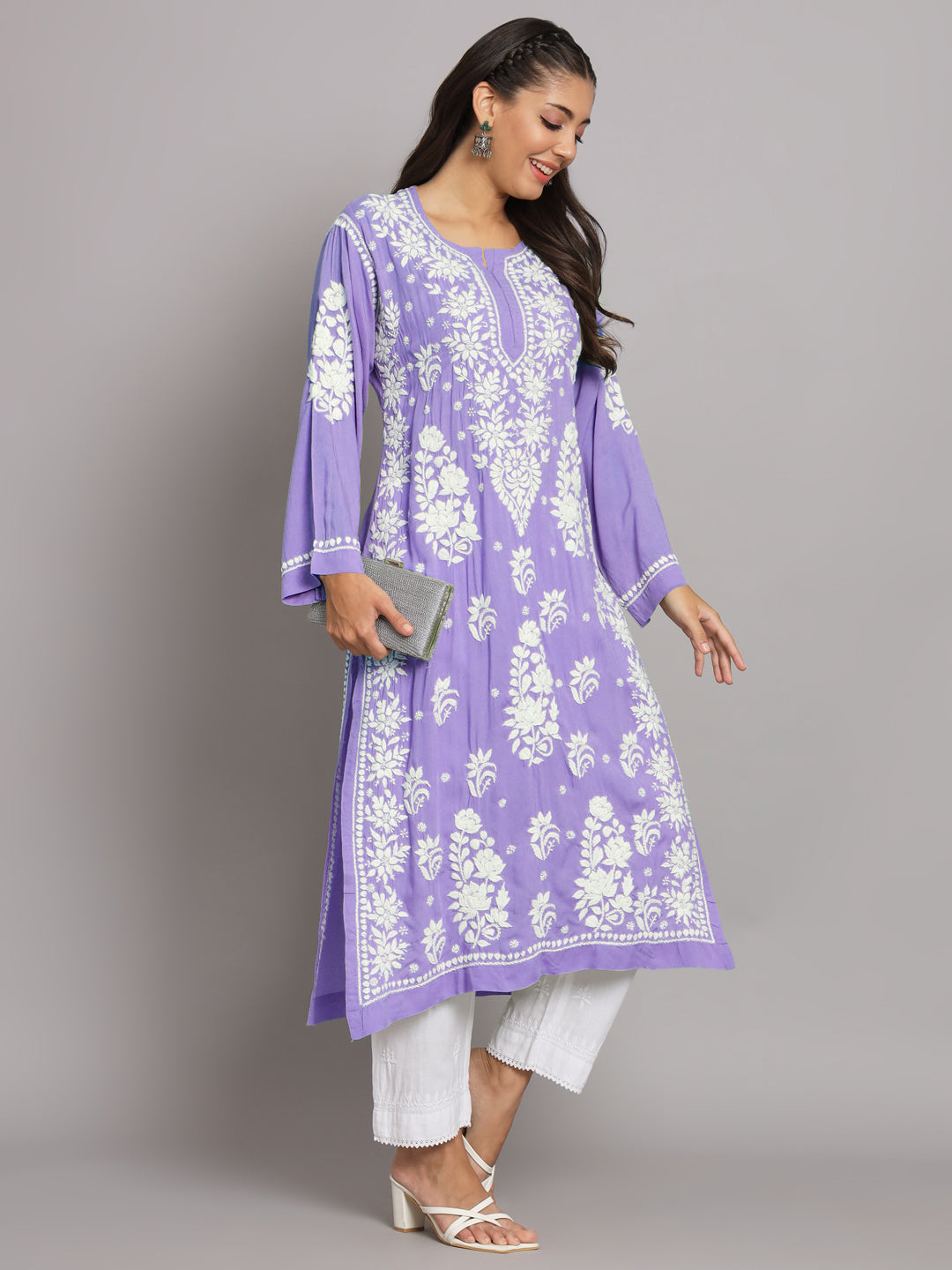 Hand Embroidered Chikankari Modal Straight Kurta-AL3682 Mauve