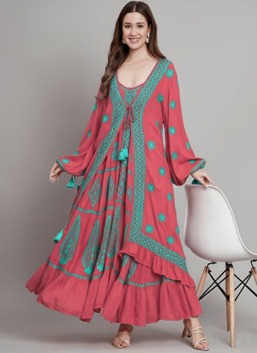 Hand Embroidered Chikankari Modal Kaftan-AL3605C