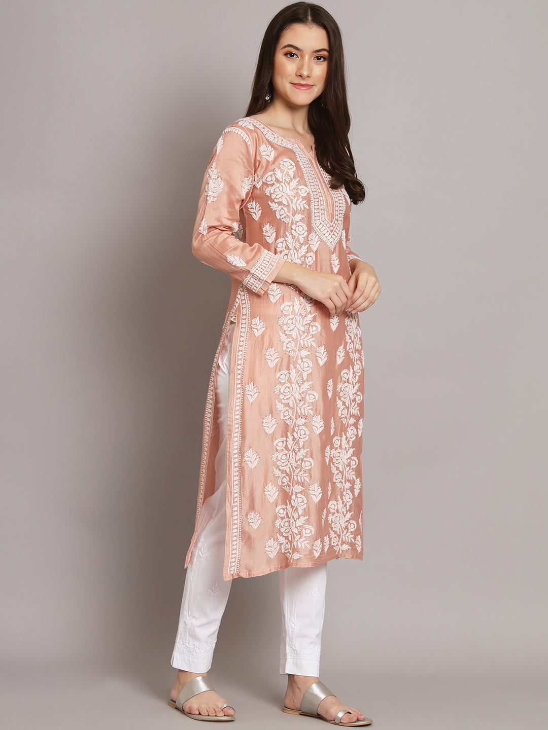 Women Floral Embroidered Chikankari Chanderi kurta-AL3670 Peach