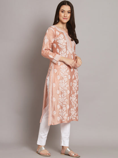 Women Floral Embroidered Chikankari Chanderi kurta-AL3670 Peach