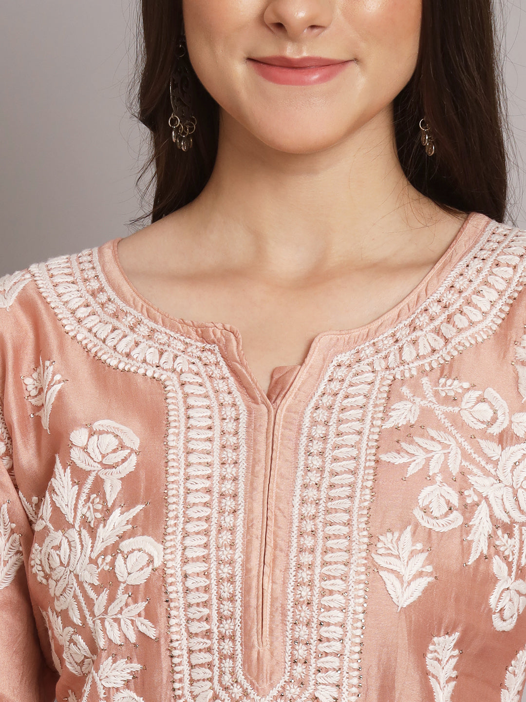 Women Floral Embroidered Chikankari Chanderi kurta-AL3670 Peach