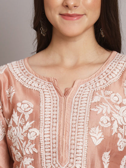 Women Floral Embroidered Chikankari Chanderi kurta-AL3670 Peach