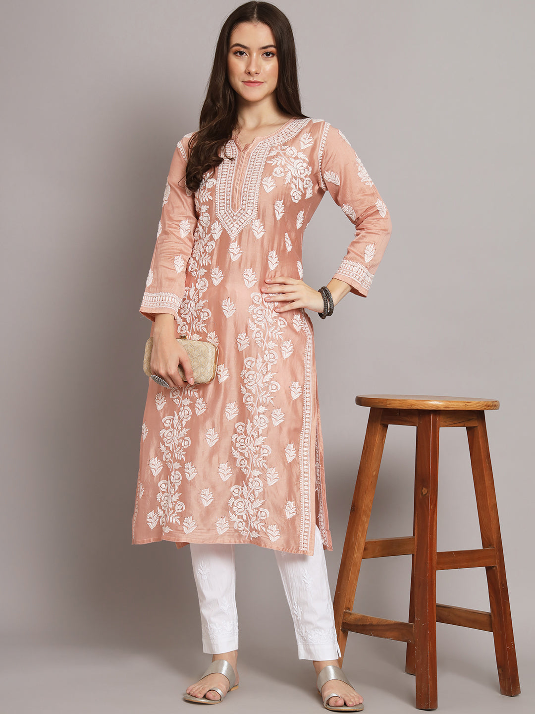 Women Floral Embroidered Chikankari Chanderi kurta-AL3670 Peach