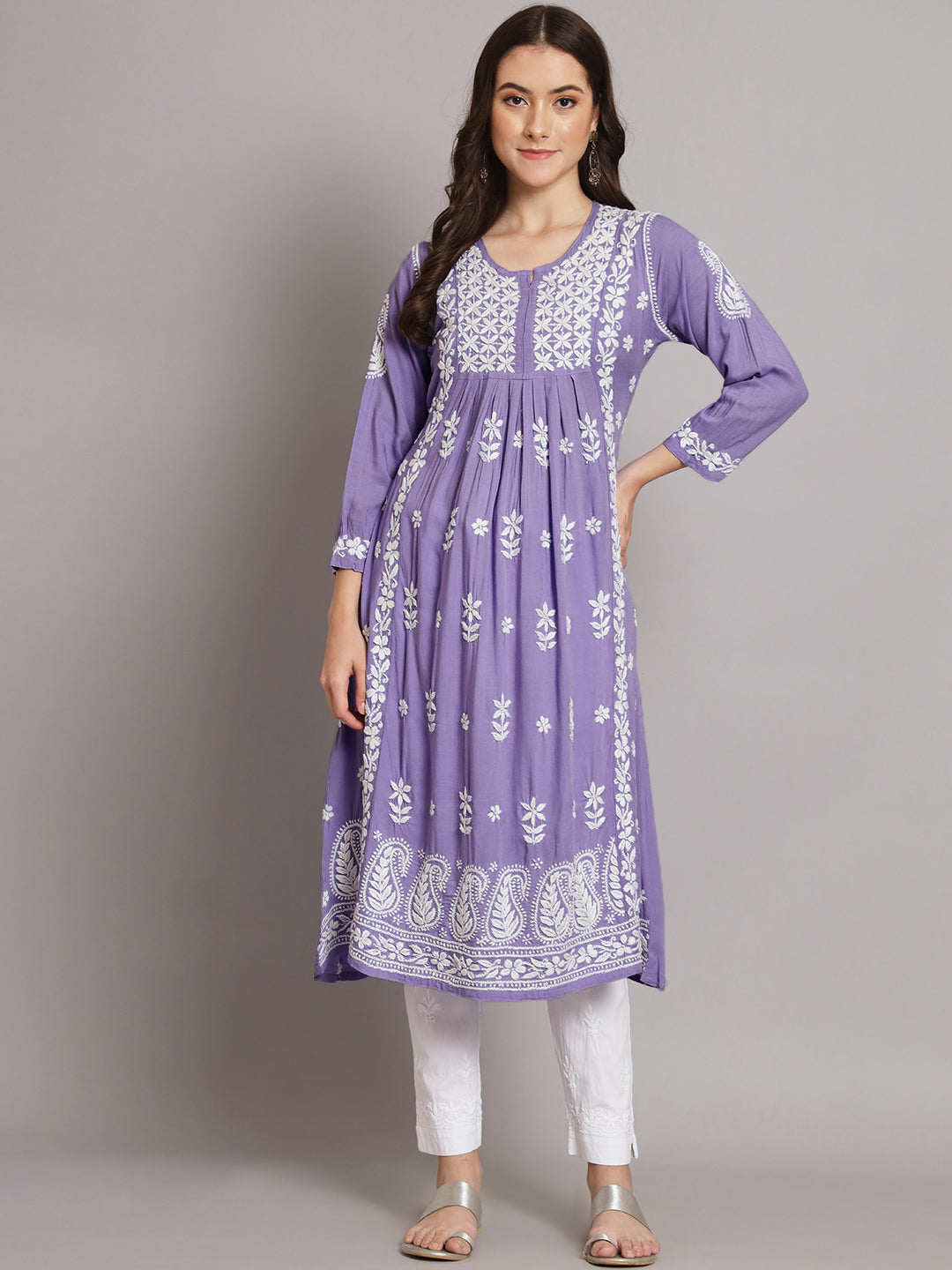 Women Hand Embroidered Chikankari Rayon Kurta-AL3549 Mauve