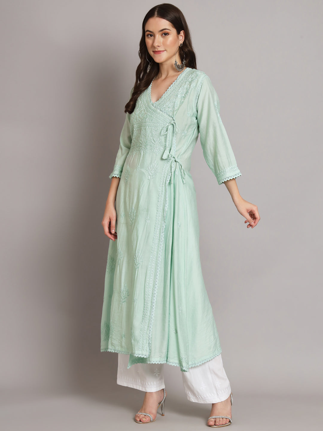 نسائي شيكانكاري مطرز يدويًا Chanderi Angrakha kurta-AL3667