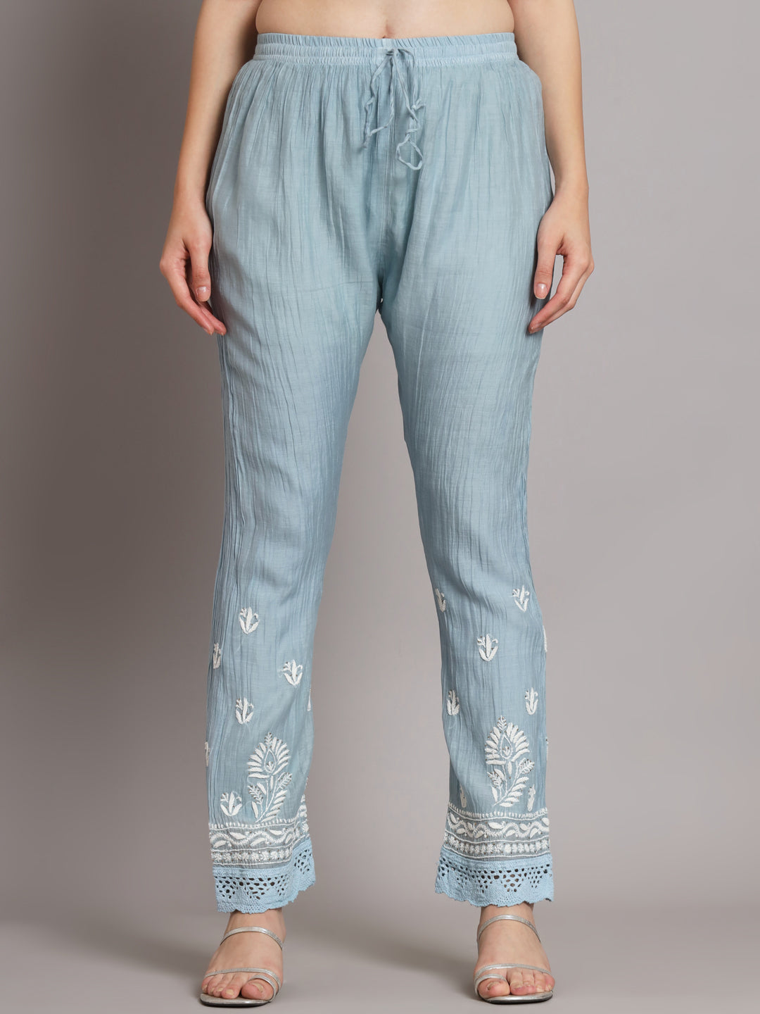 Hand Embroidered Chikankari Chanderi Cotton Frock Style Kurta Pant-AL3661KS Grey