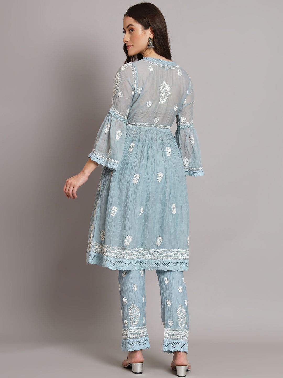 Hand Embroidered Chikankari Chanderi Cotton Frock Style Kurta Pant-AL3661KS Grey