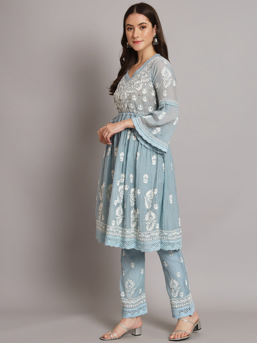 Hand Embroidered Chikankari Chanderi Cotton Frock Style Kurta Pant-AL3661KS Grey
