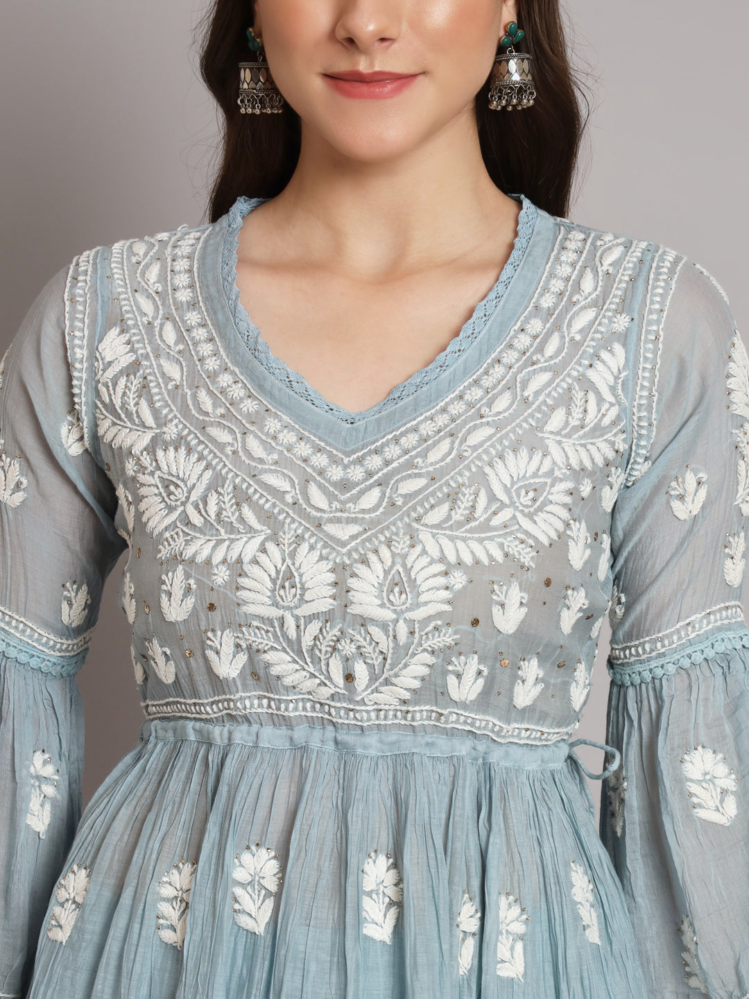 Hand Embroidered Chikankari Chanderi Cotton Frock Style Kurta Pant-AL3661KS Grey