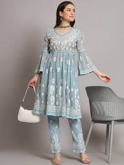 Hand Embroidered Chikankari Chanderi Cotton Frock Style Kurta Pant-AL3661KS