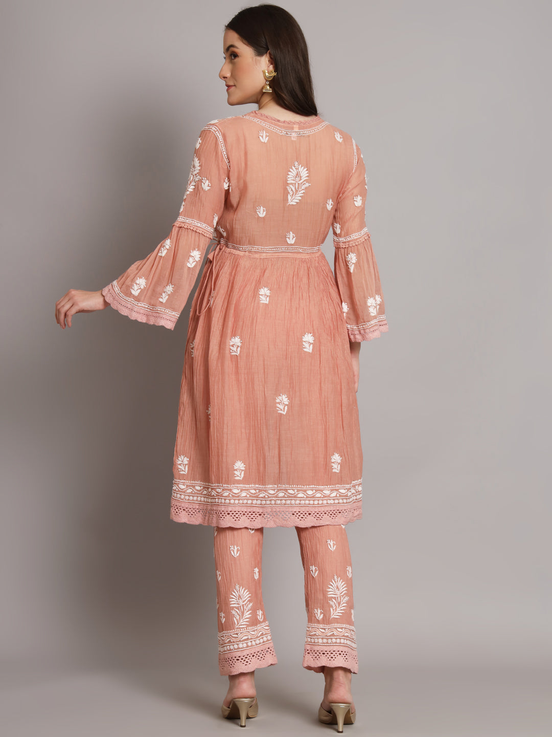 Hand Embroidered Chikankari Chanderi Cotton Frock Style Kurta Pant-AL3661KS Beige