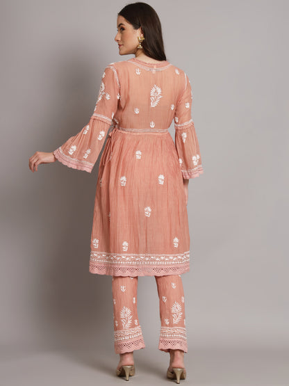 Hand Embroidered Chikankari Chanderi Cotton Frock Style Kurta Pant-AL3661KS
