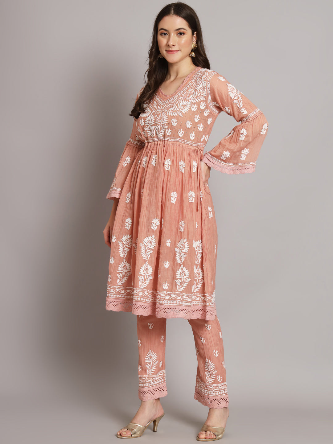 Hand Embroidered Chikankari Chanderi Cotton Frock Style Kurta Pant-AL3661KS Beige