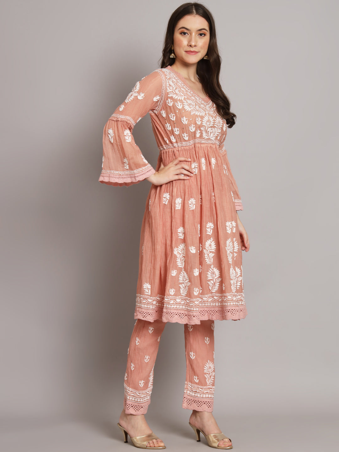 Hand Embroidered Chikankari Chanderi Cotton Frock Style Kurta Pant-AL3661KS Beige