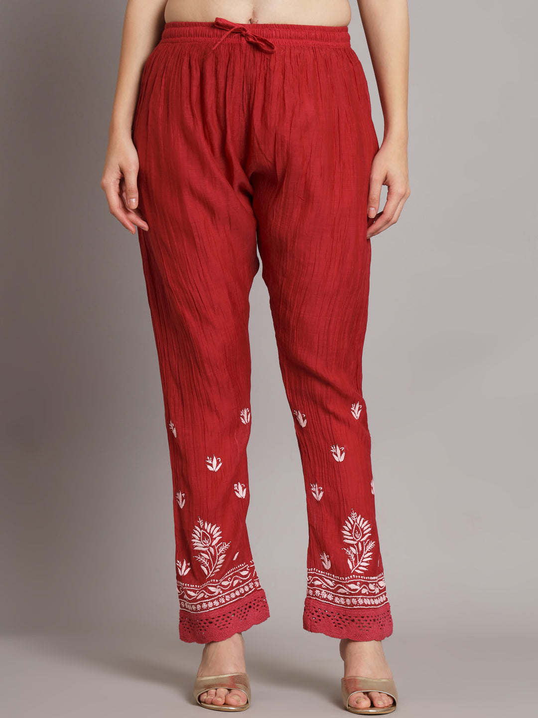 Hand Embroidered Chikankari Chanderi Cotton Frock Style Kurta Pant-AL3661KS Maroon