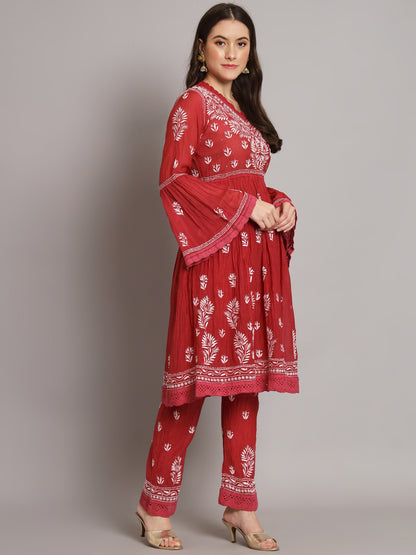 Hand Embroidered Chikankari Chanderi Cotton Frock Style Kurta Pant-AL3661KS