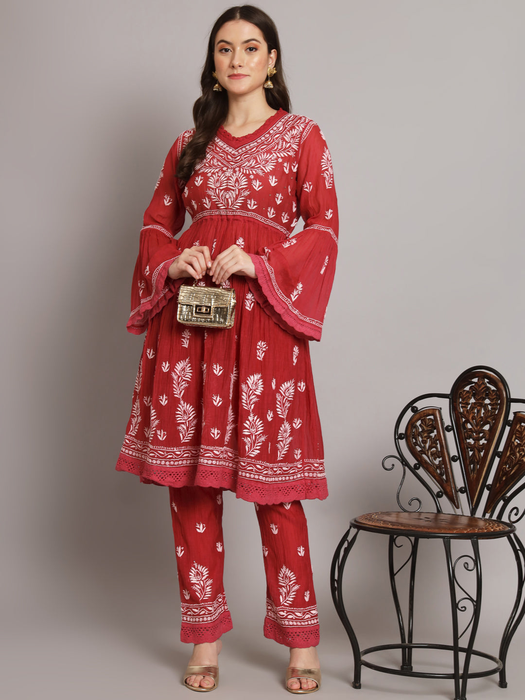 Hand Embroidered Chikankari Chanderi Cotton Frock Style Kurta Pant-AL3661KS Maroon