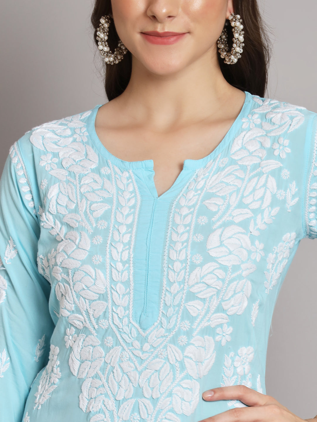 Hand Embroidered Chikan Modal Straight Kurta Palazzos AL3668KS Turquoise