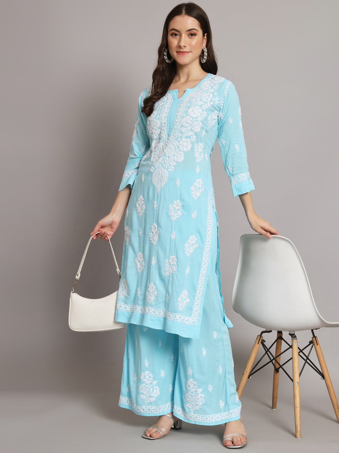 Hand Embroidered Chikan Modal Straight Kurta Palazzos AL3668KS Turquoise