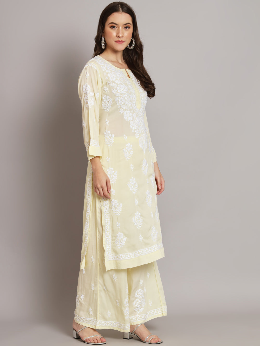 Hand Embroidered Chikan Modal Straight Kurta Palazzos AL3668KS