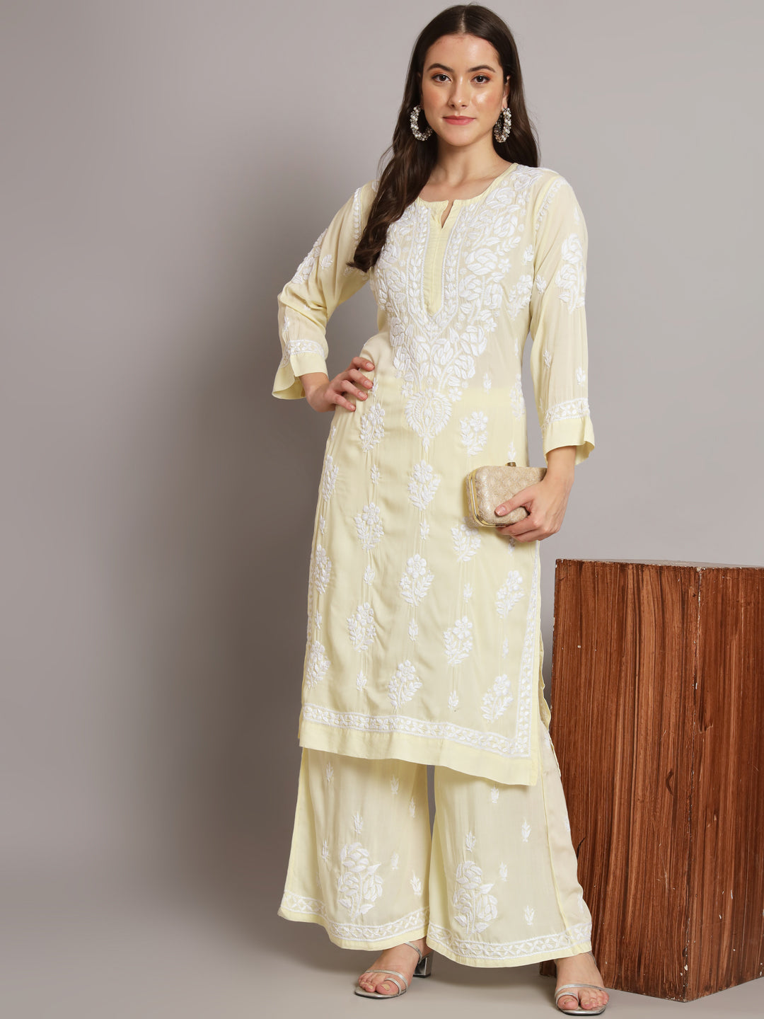 Hand Embroidered Chikan Modal Straight Kurta Palazzos AL3668KS