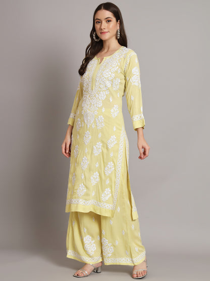 Hand Embroidered Chikan Modal Straight Kurta Palazzos AL3668KS