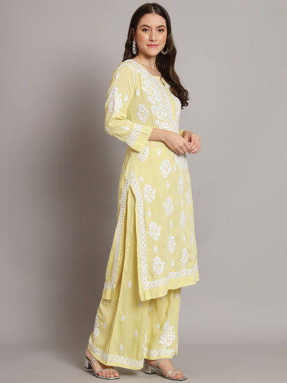 Hand Embroidered Chikan Modal Straight Kurta Palazzos AL3668KS