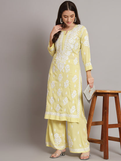 Hand Embroidered Chikan Modal Straight Kurta Palazzos AL3668KS