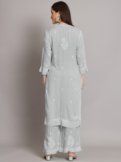 Hand Embroidered Chikan Modal Straight Kurta Palazzos AL3668KS