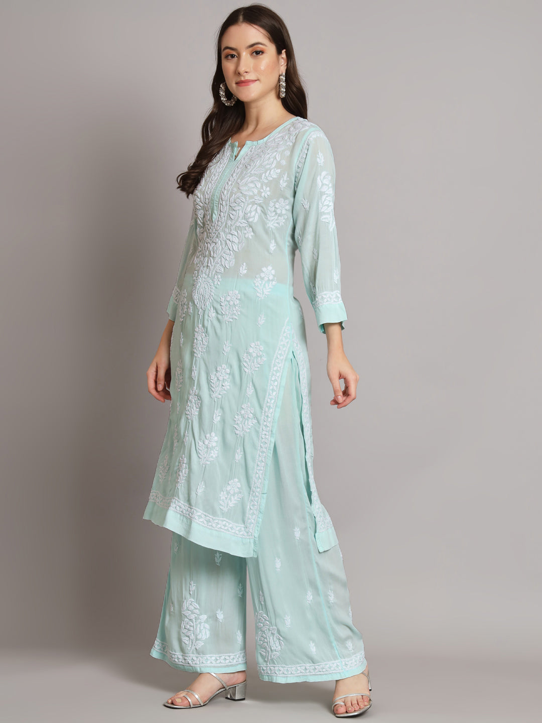 Hand Embroidered Chikan Modal Straight Kurta Palazzos AL3668KS