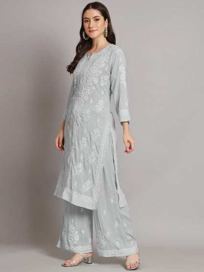 Hand Embroidered Chikan Modal Straight Kurta Palazzos AL3668KS