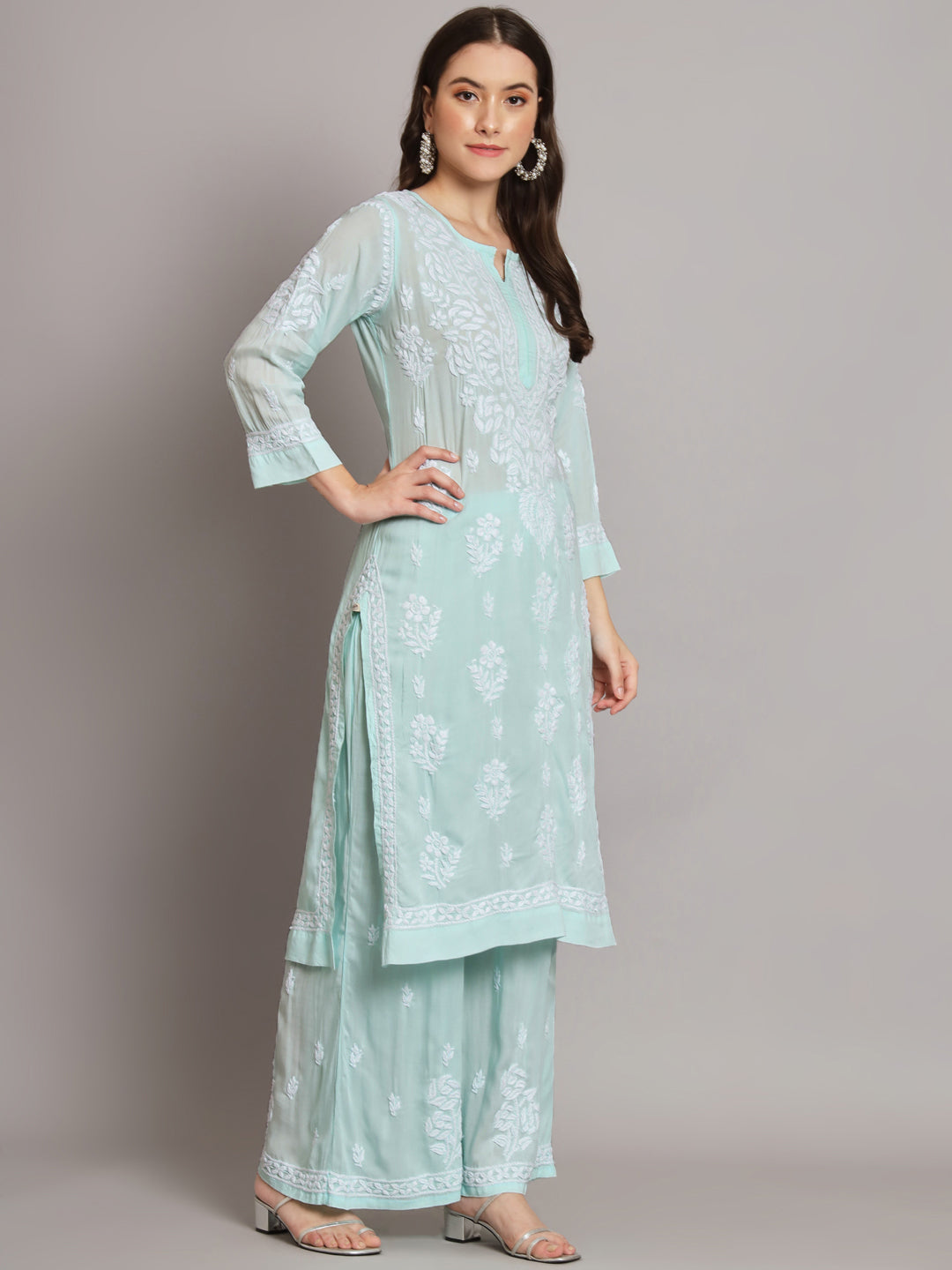 Hand Embroidered Chikan Modal Straight Kurta Palazzos AL3668KS