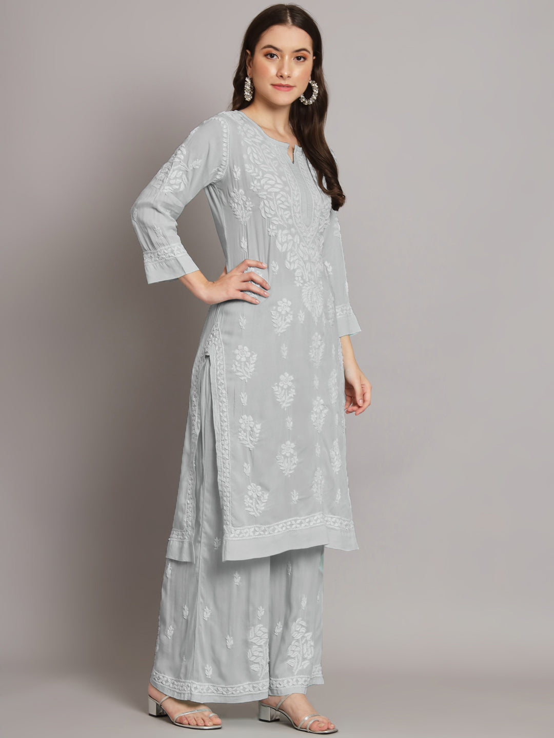 Hand Embroidered Chikan Modal Straight Kurta Palazzos AL3668KS