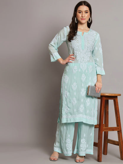 Hand Embroidered Chikan Modal Straight Kurta Palazzos AL3668KS