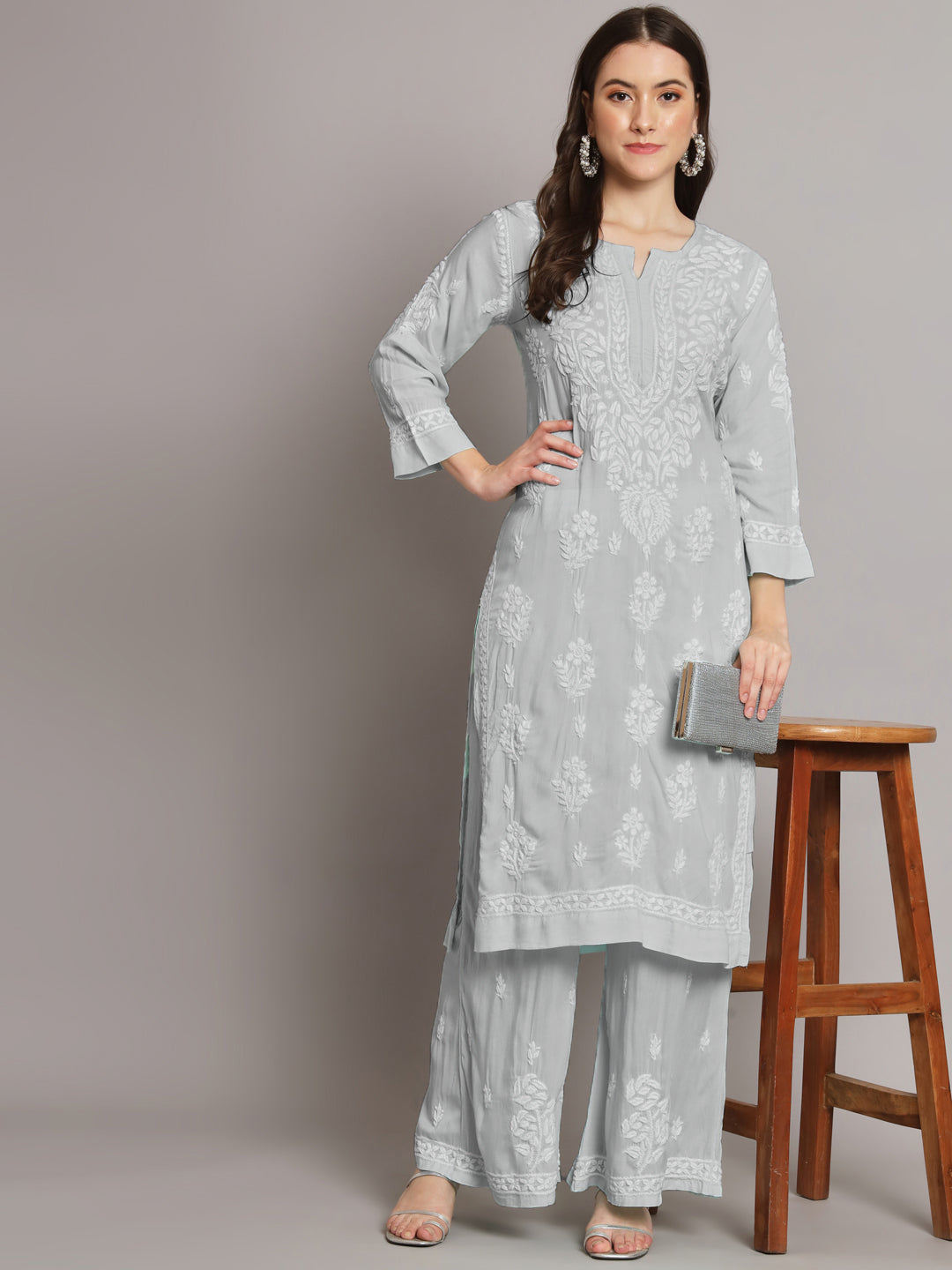 Hand Embroidered Chikan Modal Straight Kurta Palazzos AL3668KS