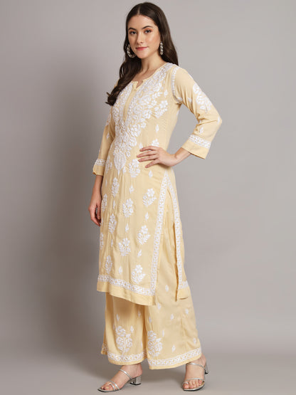 Hand Embroidered Chikan Modal Straight Kurta Palazzos AL3668KS