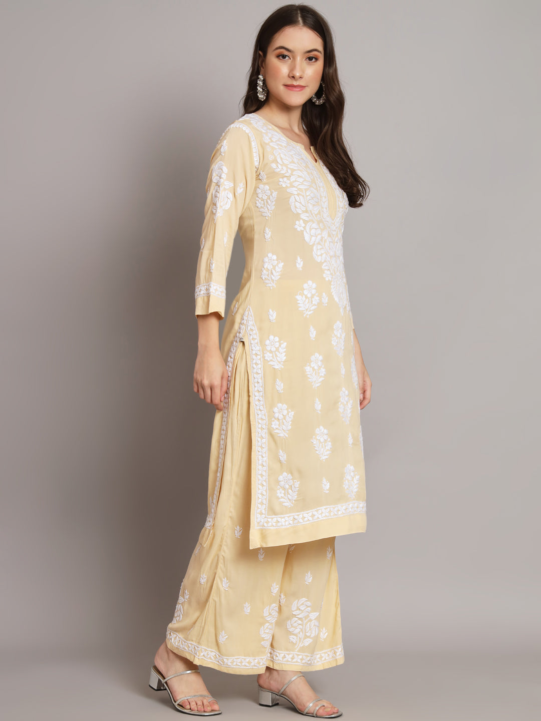 Hand Embroidered Chikan Modal Straight Kurta Palazzos AL3668KS